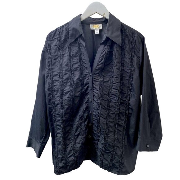 TALBOTS Ruched Shirt Plus Size 20 Womens Black Cotton Top Evening Button Up - Picture 1 of 8